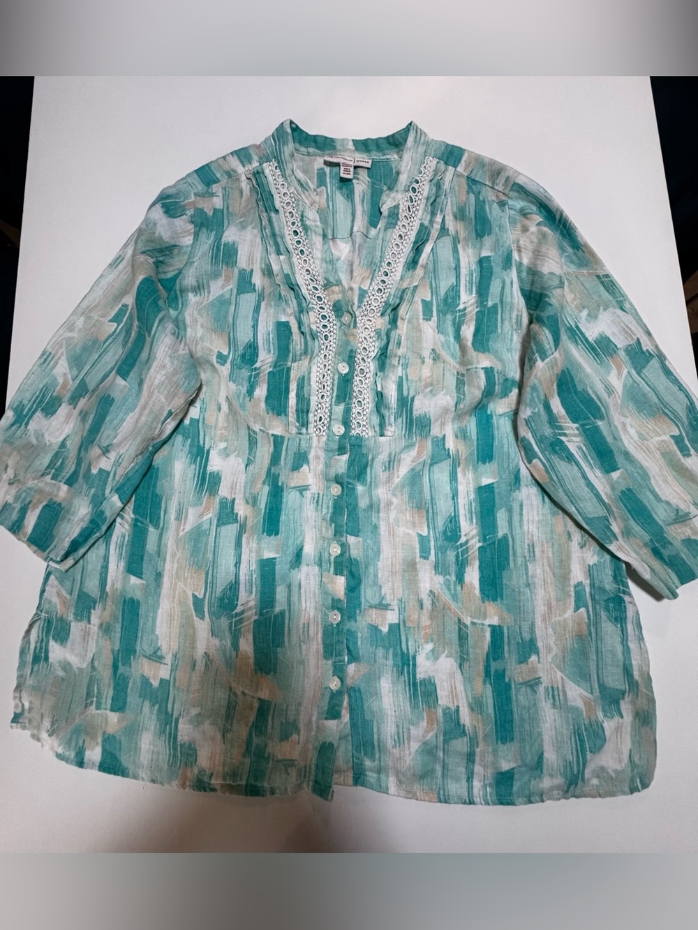 JM Collection Linen teal and Cream Brushstroke Lace-Trim Button Front Tunic, 16W